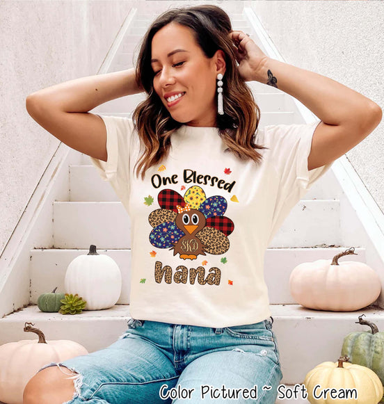 Personalized Blessed Turkey Monogram Fall Thanksgiving Tee