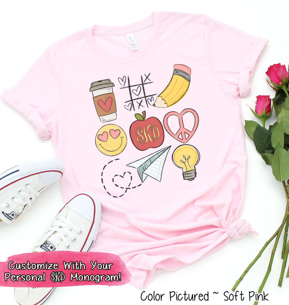 Monogram Back to School Tic Tac Toe Teacher Icon Tee