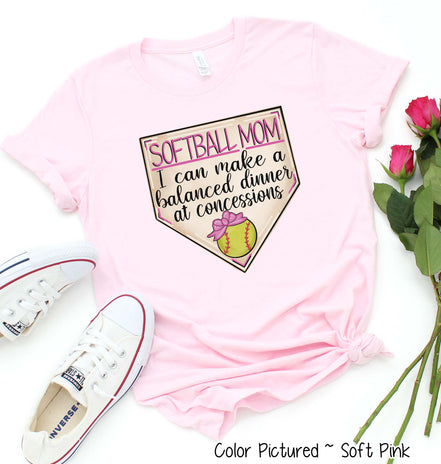 Softball Pink Mom I Can Make a Balanced Dinner at Concessions Tee