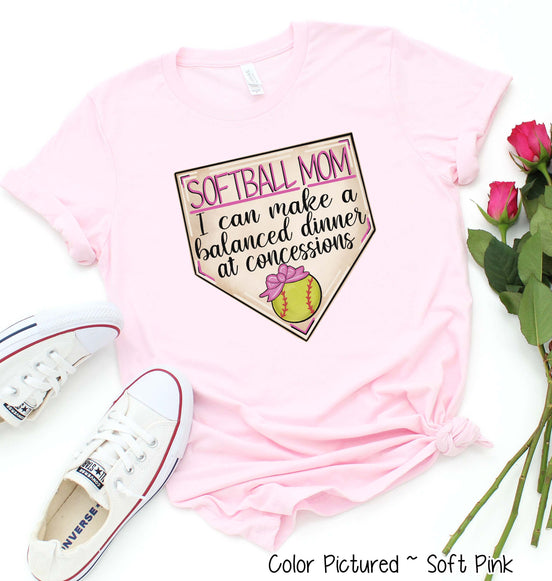 Softball Pink Mom I Can Make a Balanced Dinner at Concessions Tee