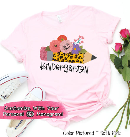 Monogram Floral Leopard Pencil Custom School Staff Tee