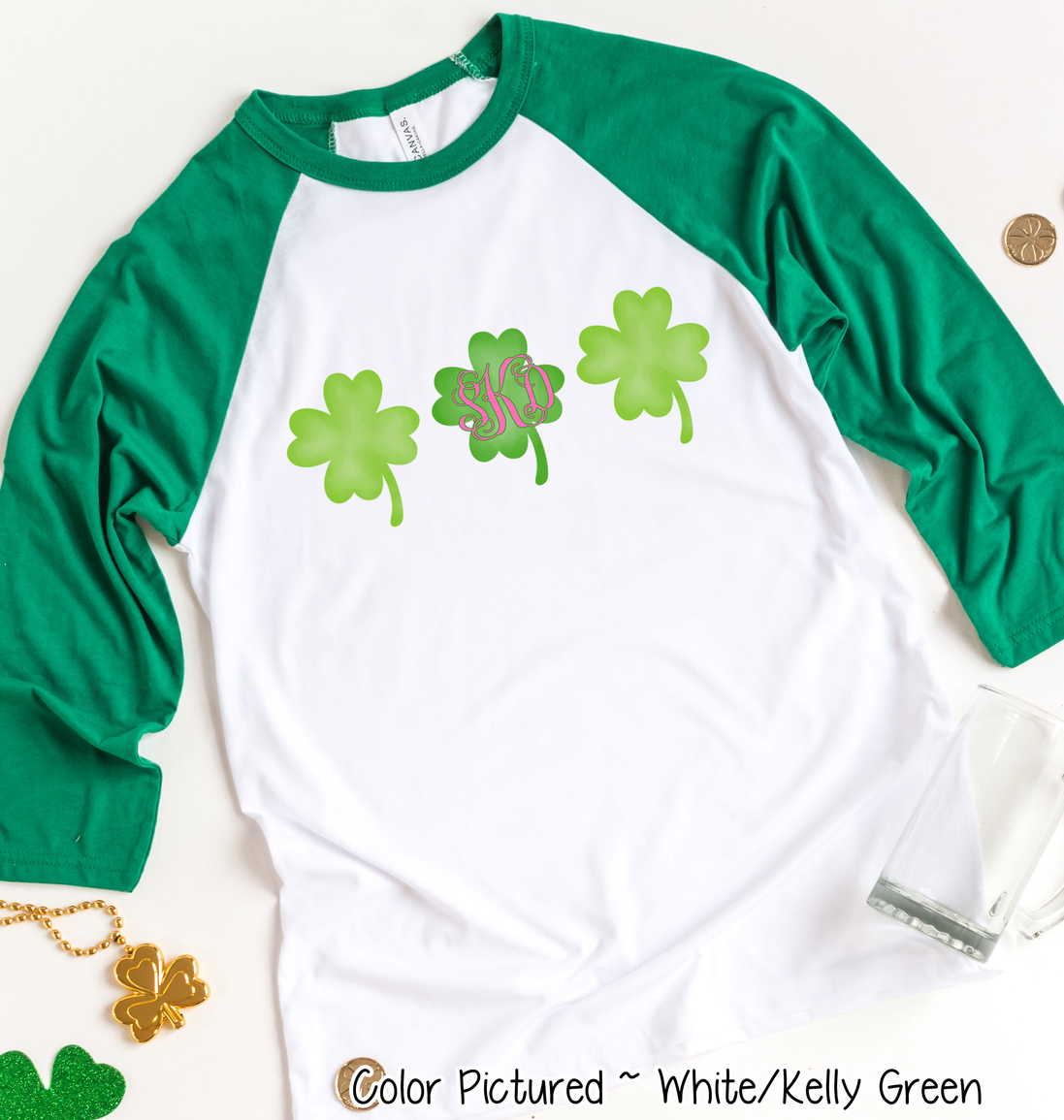 Monogram Watercolor Clover Trio St Patricks Day Tee