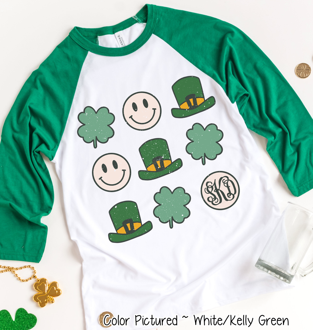 Monogram Retro Smiley Face & Shamrock St Patricks Day Tee