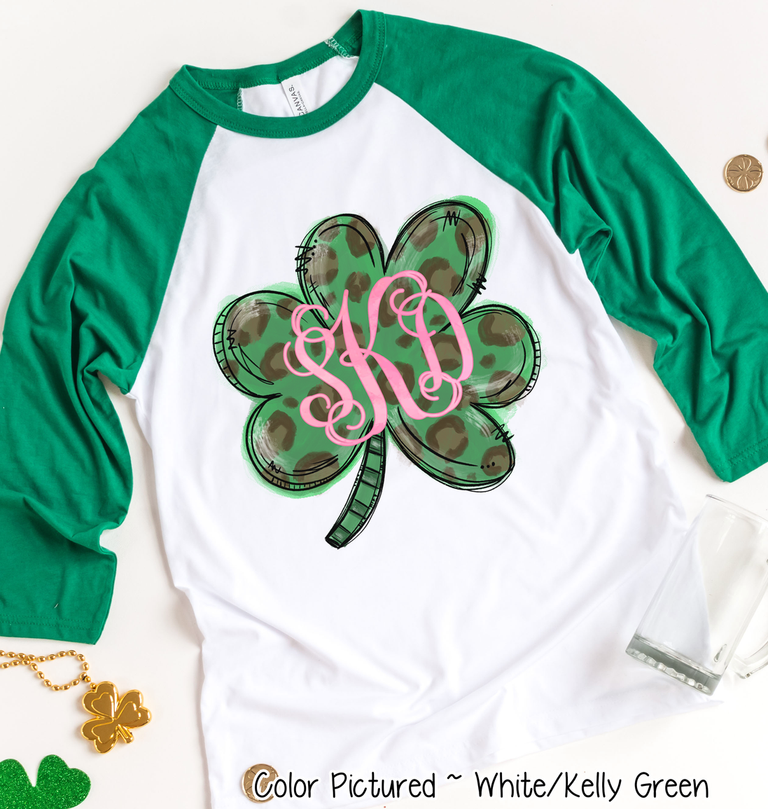 Monogram Green Leopard Shamrock St Patricks Day Tee