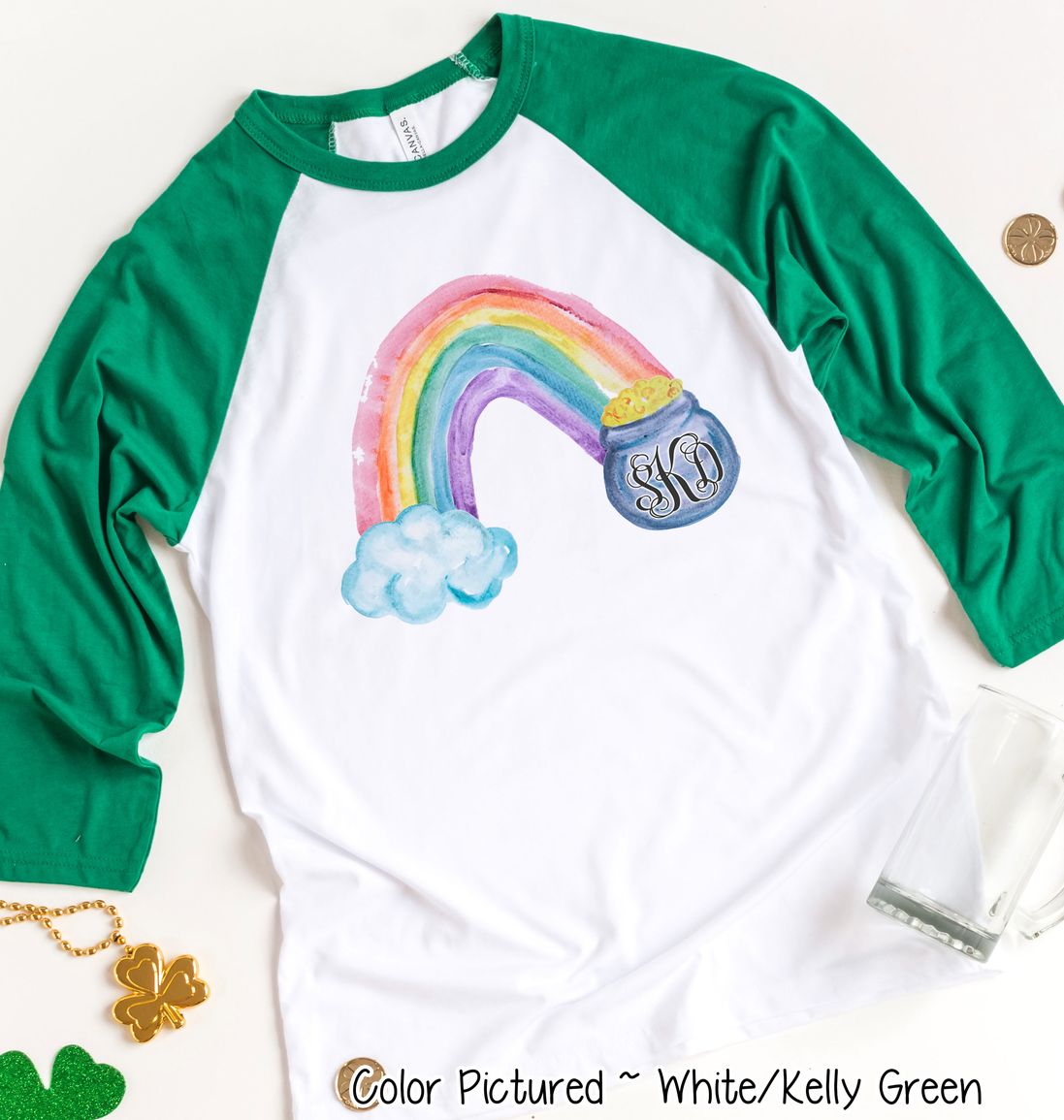 Monogram Watercolor Rainbow & Pot of Gold St Patricks Day Tee