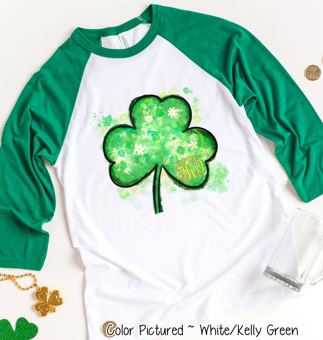 Monogram Watercolor Shamrock St Patricks Day Tee