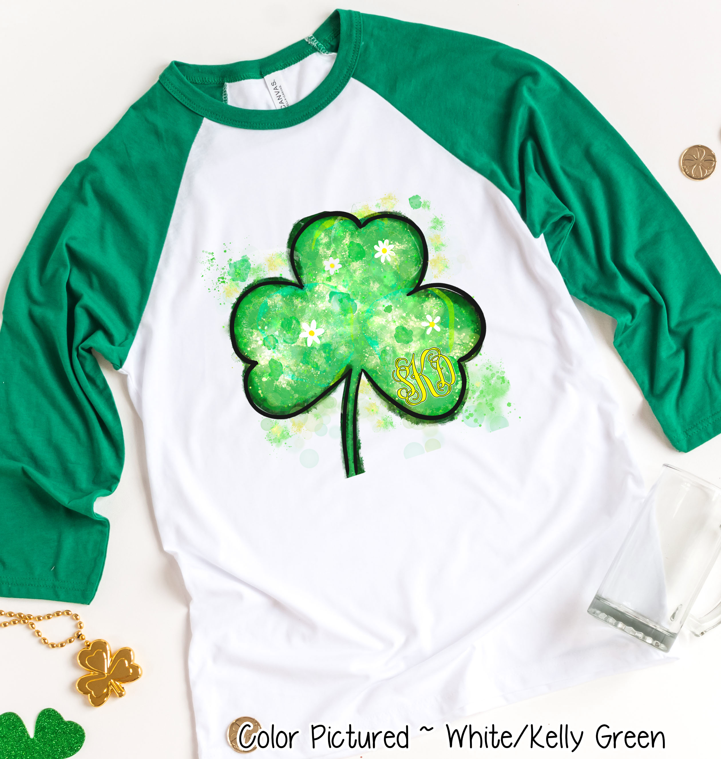 Monogram Watercolor Shamrock St Patricks Day Tee