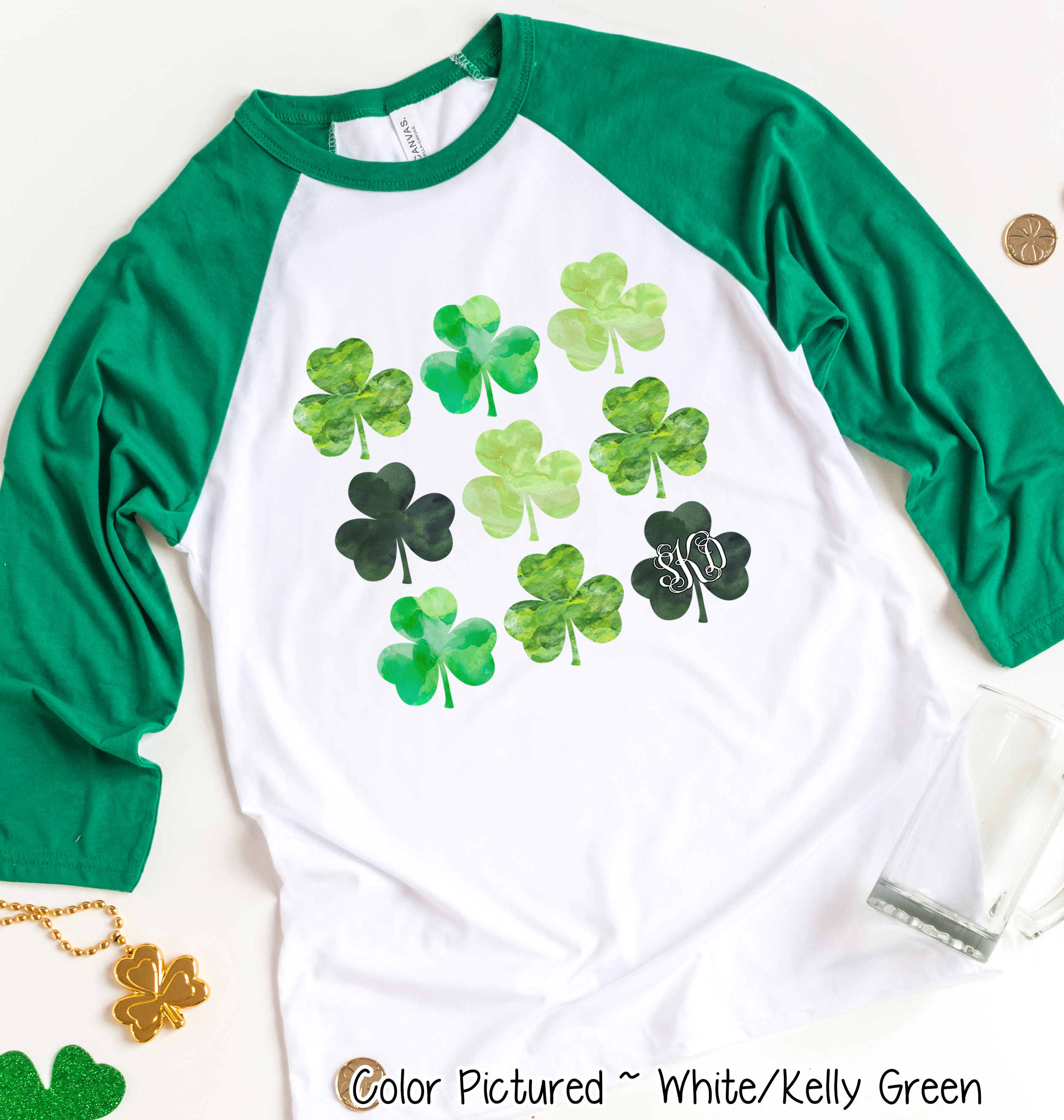 Monogram Watercolor Shamrocks St Patricks Day Tee