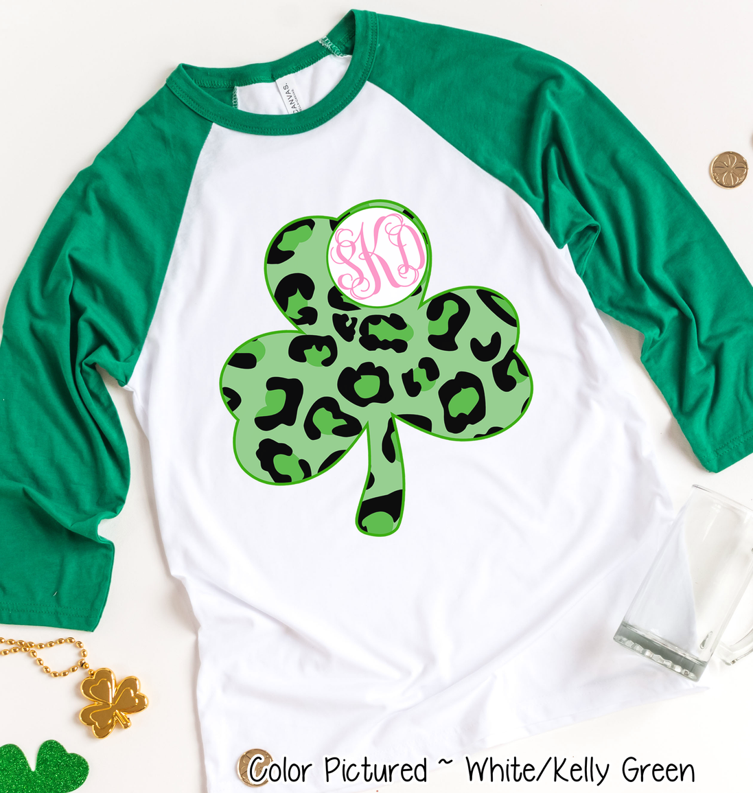 Monogram Green Leopard Shamrock St Patricks Day Tee