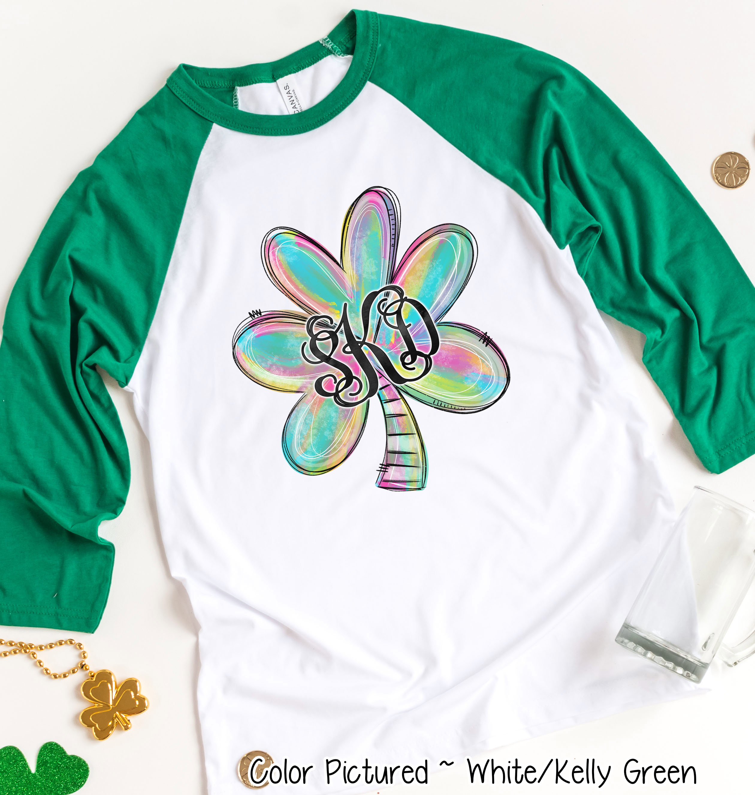 Monogram Colorful Watercolor Shamrock St Partricks Day Tee