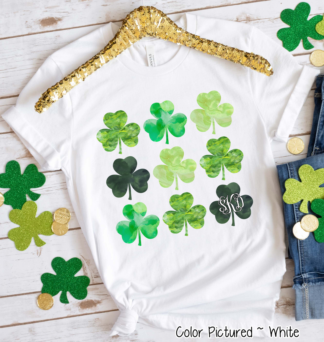 Monogram Watercolor Shamrocks St Patricks Day Tee