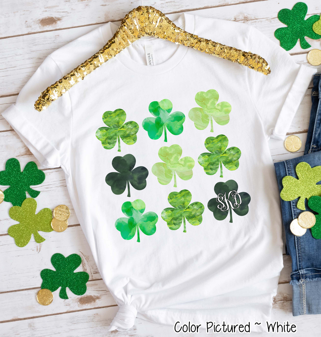 Monogram Watercolor Shamrocks St Patricks Day Tee