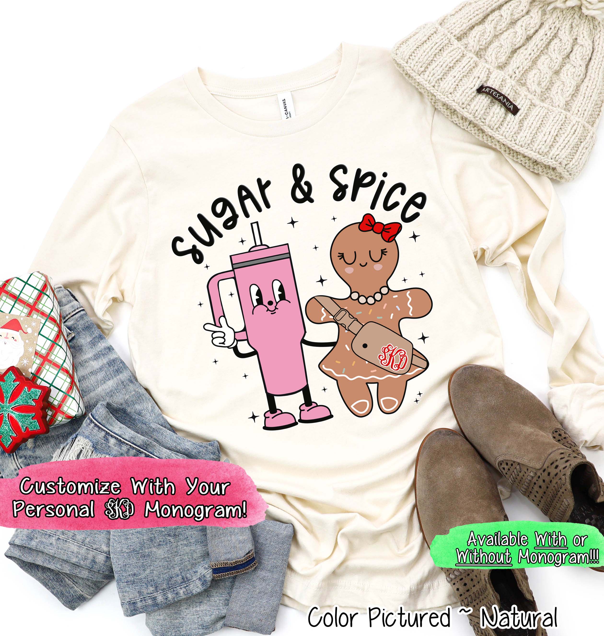 Monogram Bougie Sugar & Spice Tumbler & Gingerbread Christmas Tee or Sweatshirt