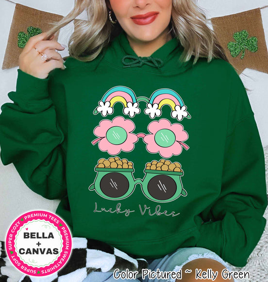 Lucky Vibes Glasses St Patricks Day Tee or Sweatshirt