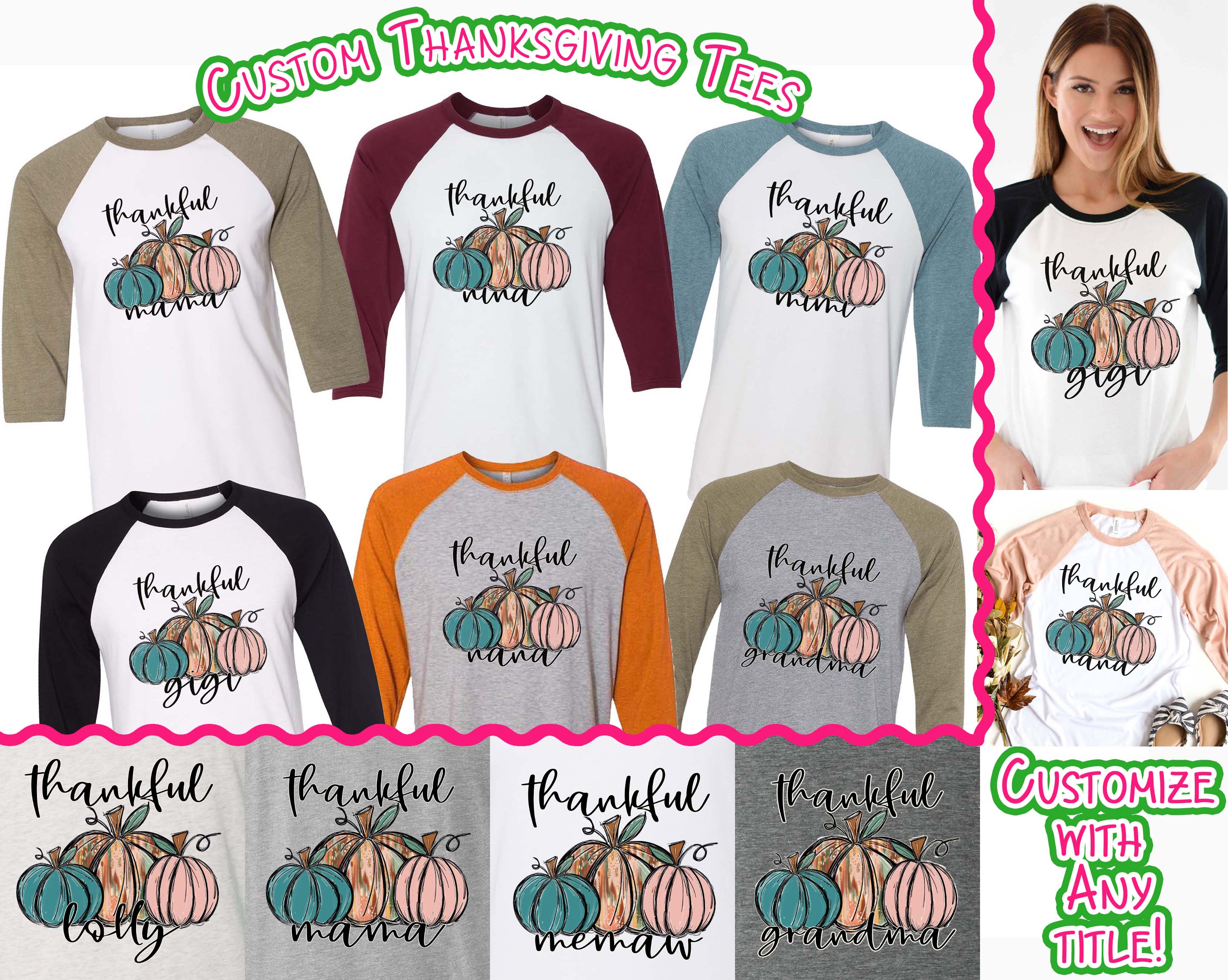 Personalized Thankful Pumpkin Trio Fall Thanksgiving Raglan Tee