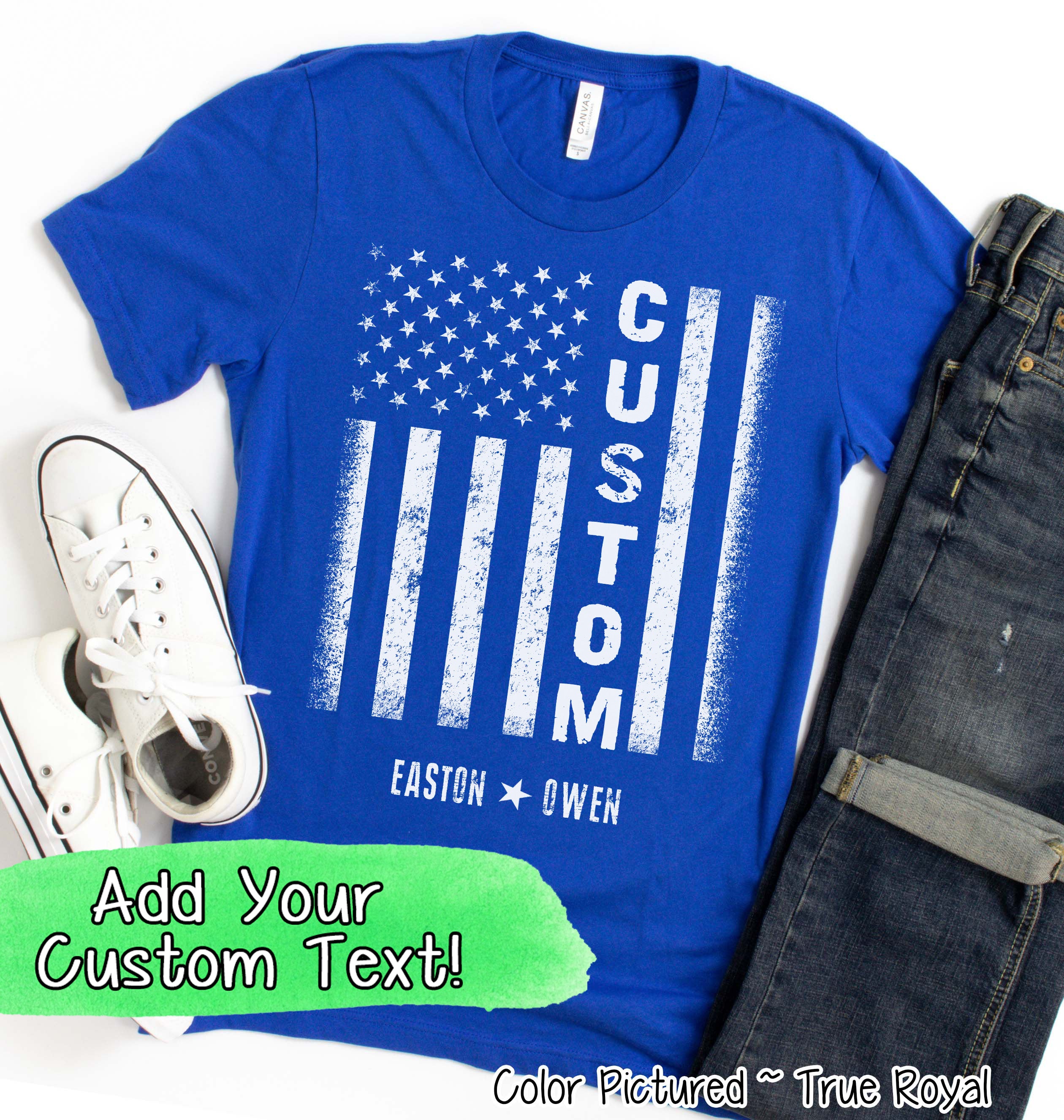 Custom Distressed White Patriotic Flag with Dad, Mom, Grandpa Etc and Kids Names Tee