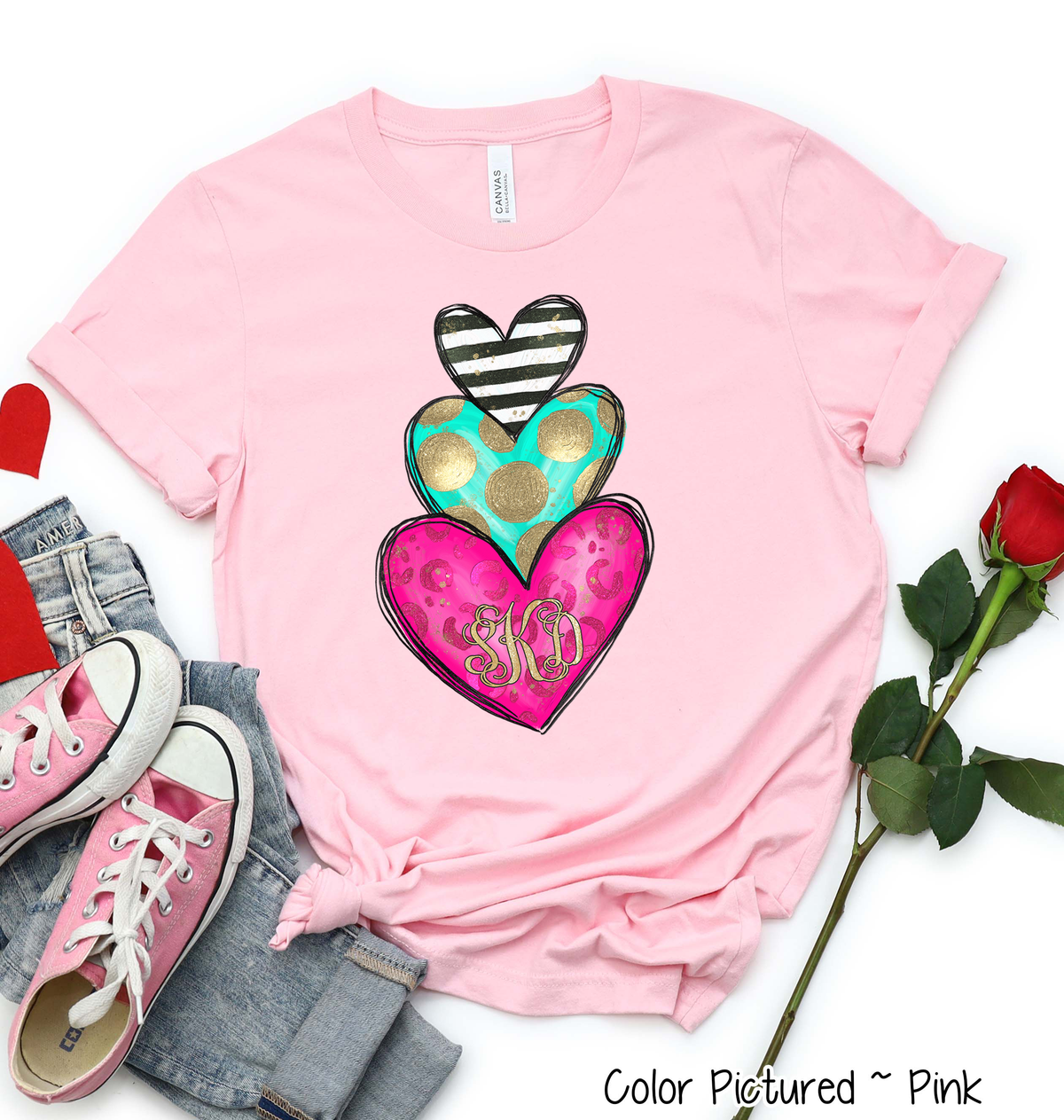Monogram Heart Trio with Gold Accent Valentine Shirt