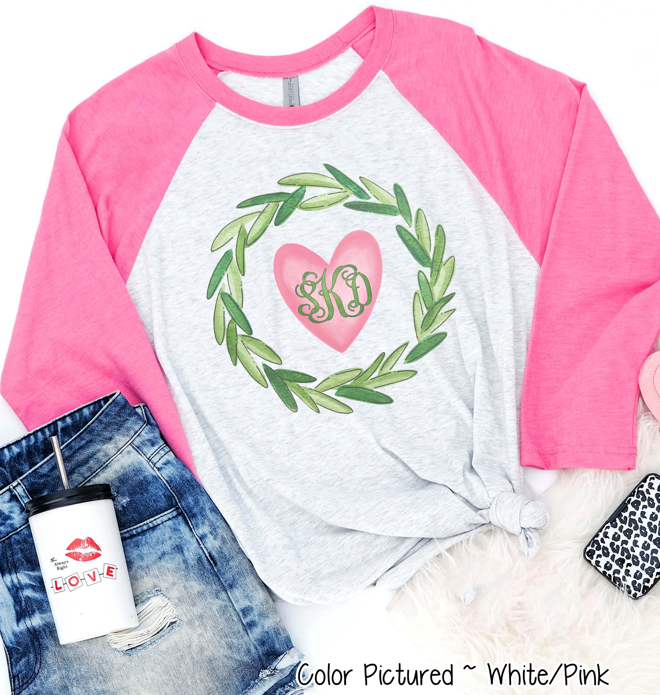 Monogram Green Wreath with Pink Heart Valentine Shirt