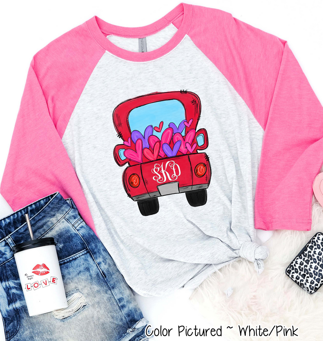 Monogram Red Truck with Hearts Valentine Shirt