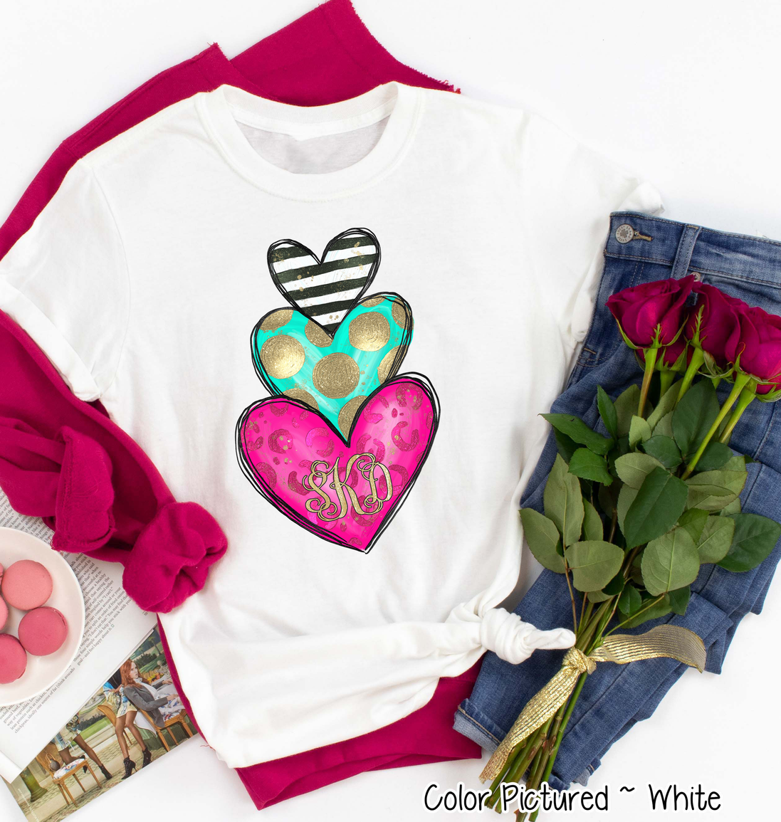 Monogram Heart Trio with Gold Accent Valentine Shirt