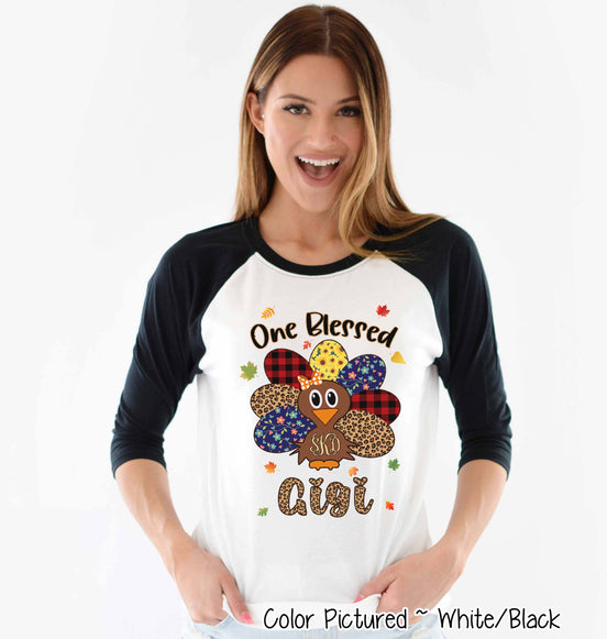 Personalized Blessed Turkey Monogram Fall Thanksgiving Raglan Tee