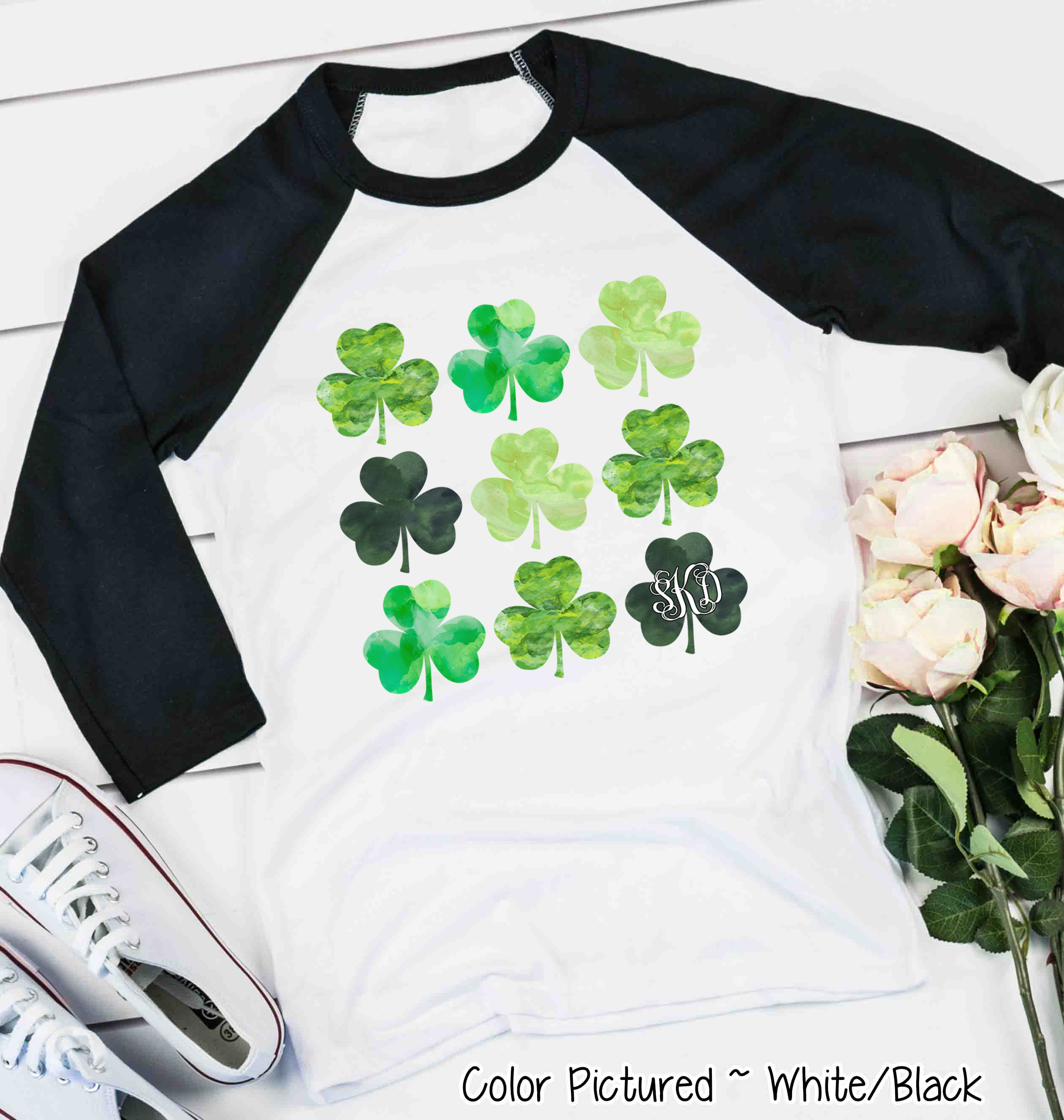 Monogram Watercolor Shamrocks St Patricks Day Tee
