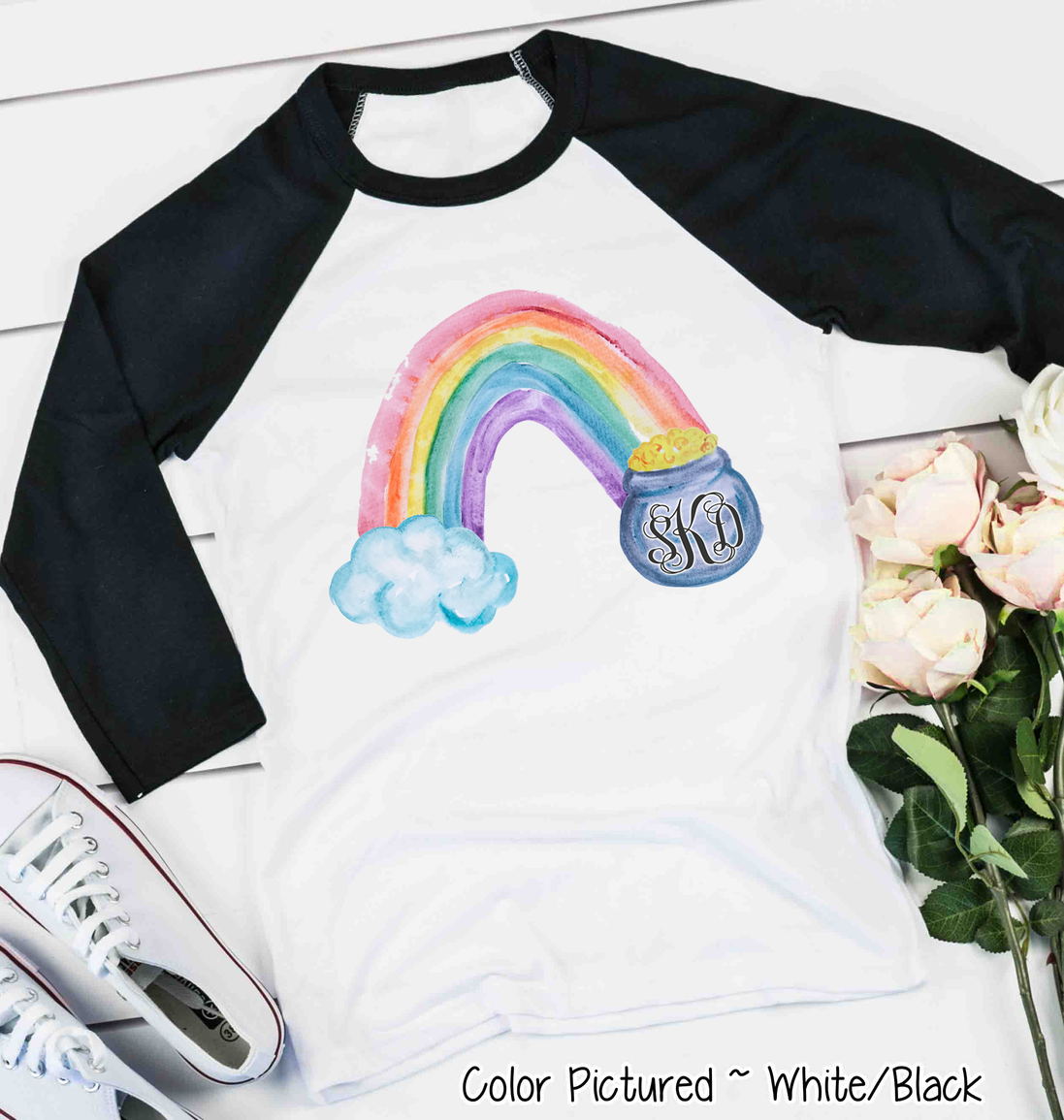 Monogram Watercolor Rainbow & Pot of Gold St Patricks Day Tee
