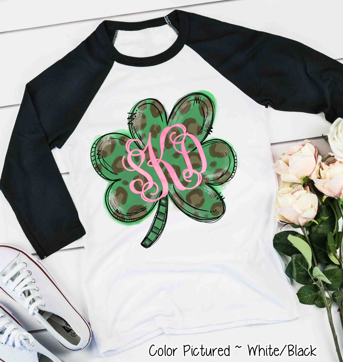 Monogram Green Leopard Shamrock St Patricks Day Tee
