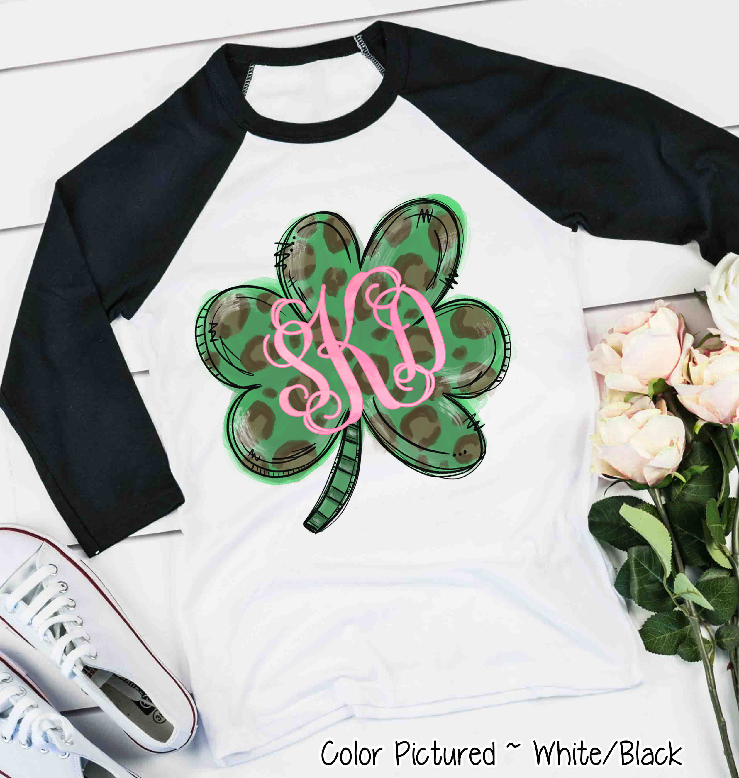 Monogram Green Leopard Shamrock St Patricks Day Tee