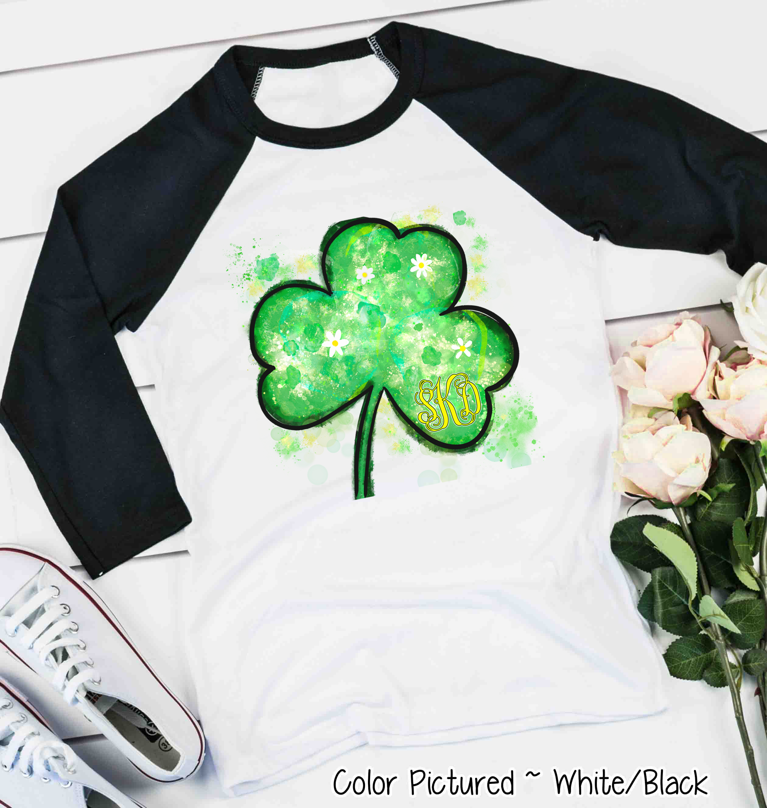 Monogram Watercolor Shamrock St Patricks Day Tee