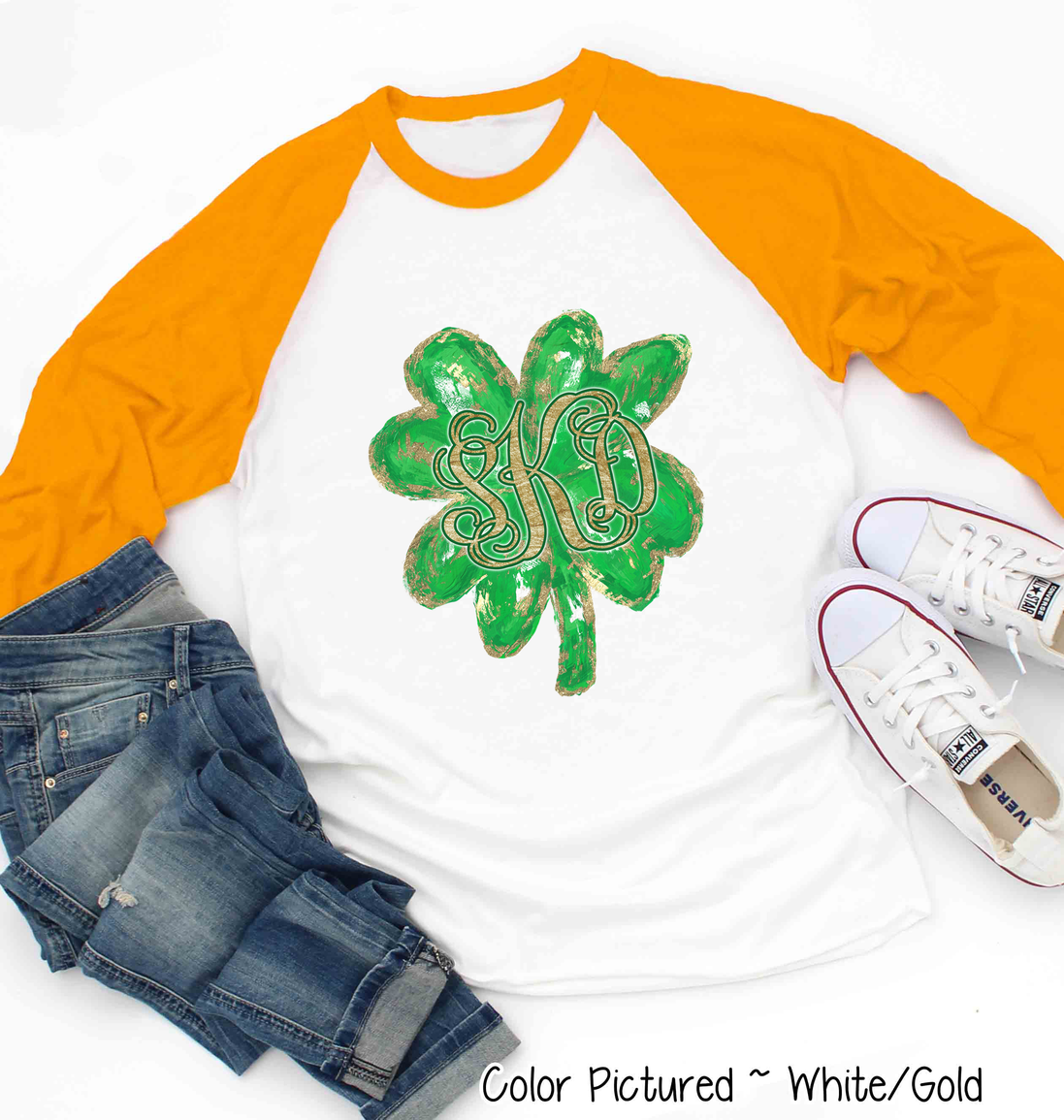 Monogram Gold Accent Clover St Patricks Day Tee