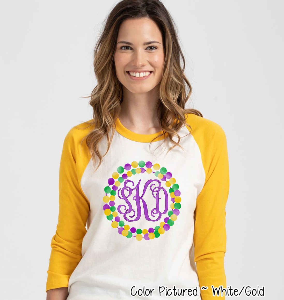 Monogram Mardi Gras Beads Wreath Tee