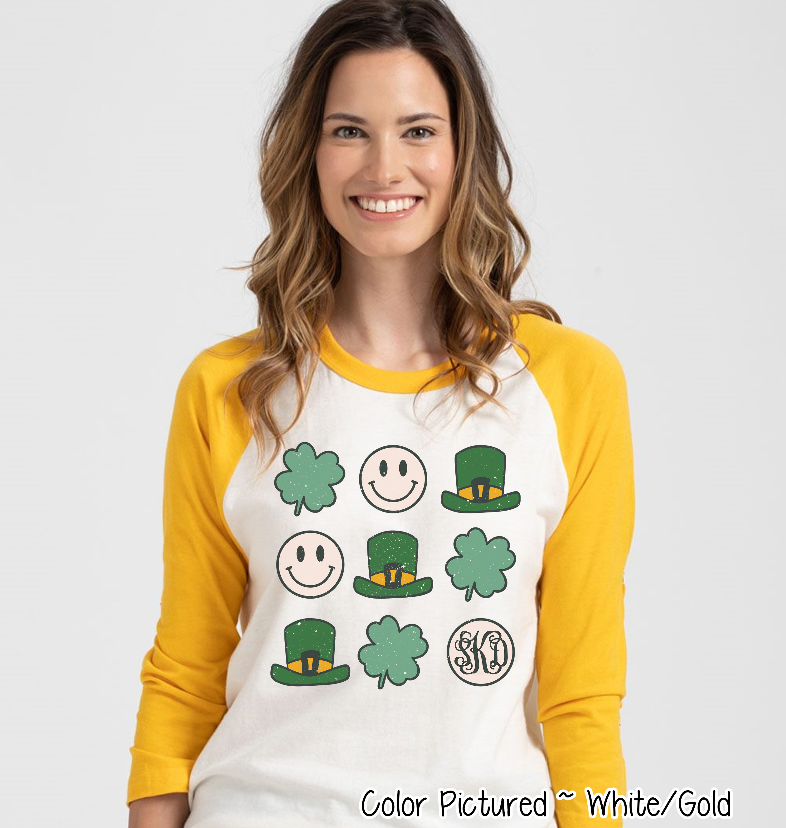 Monogram Retro Smiley Face & Shamrock St Patricks Day Tee
