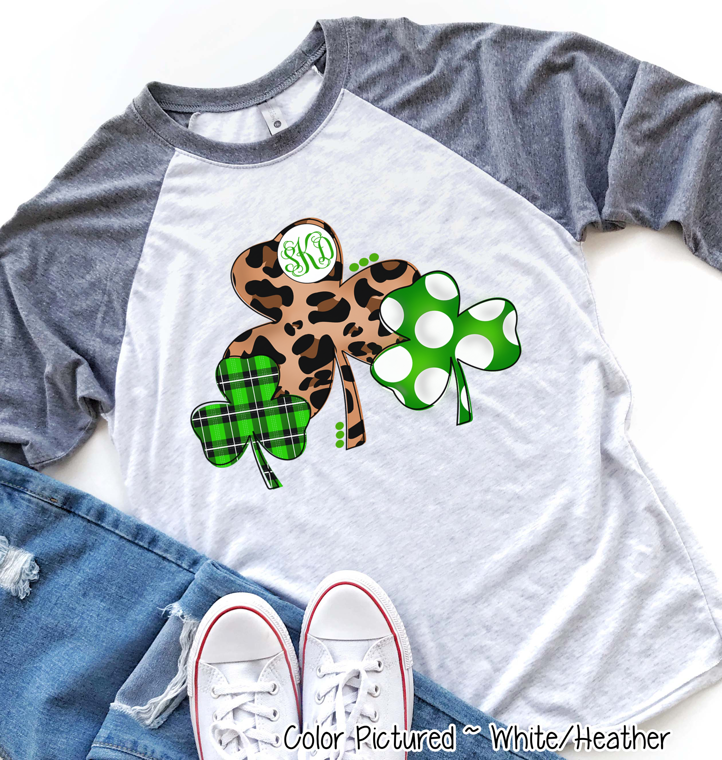 Monogram Leopard Plaid & Dot Shamrock Trio St Patricks Day Tee