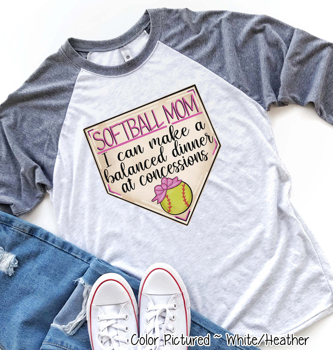 Softball Pink Mom I Can Make a Balanced Dinner at Concessions Tee