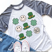 Monogram Retro Smiley Face & Shamrock St Patricks Day Tee