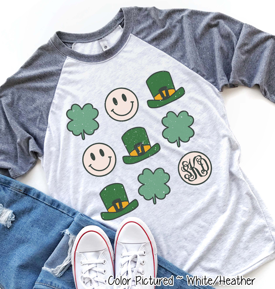 Monogram Retro Smiley Face & Shamrock St Patricks Day Tee
