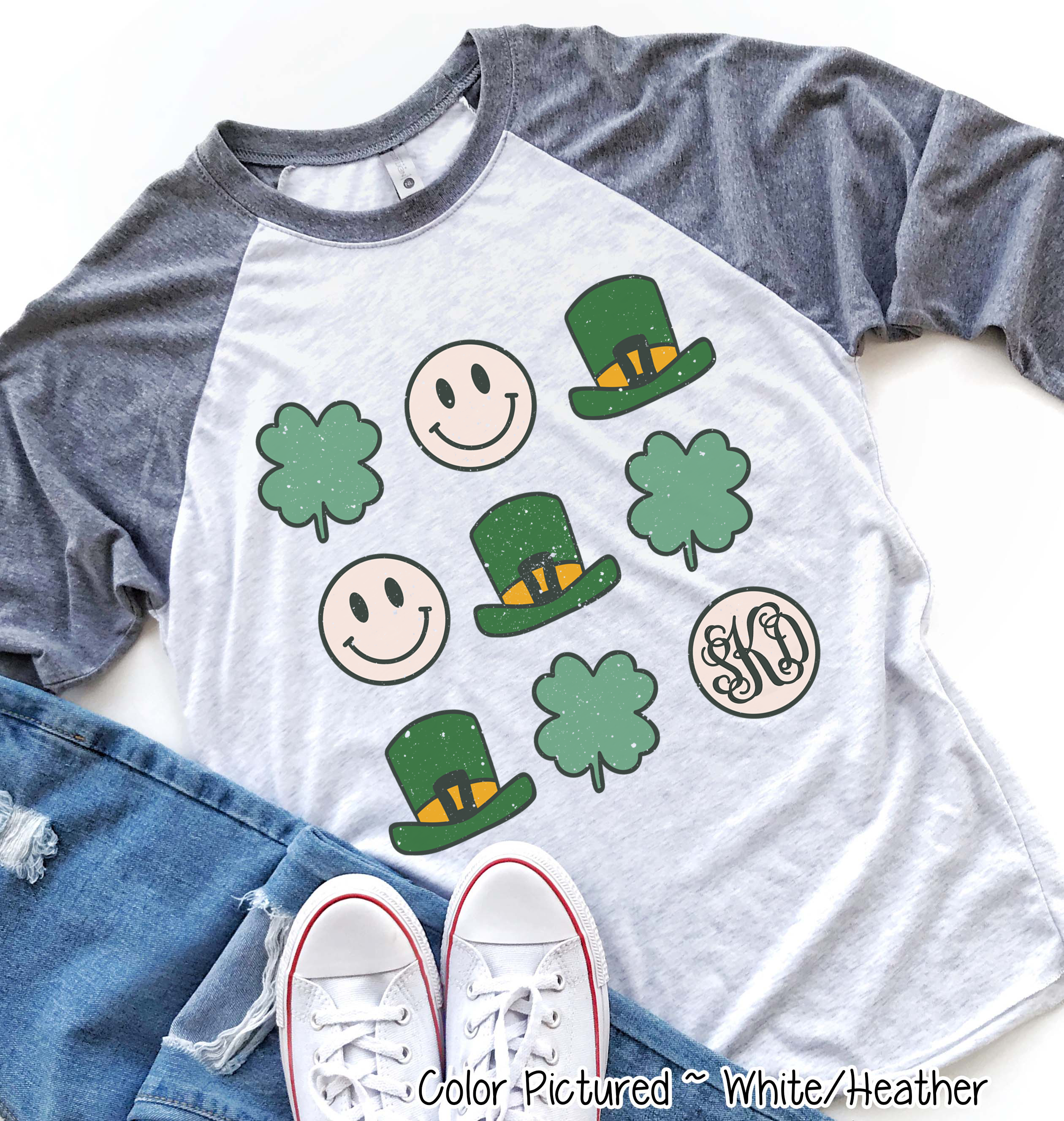 Monogram Retro Smiley Face & Shamrock St Patricks Day Tee