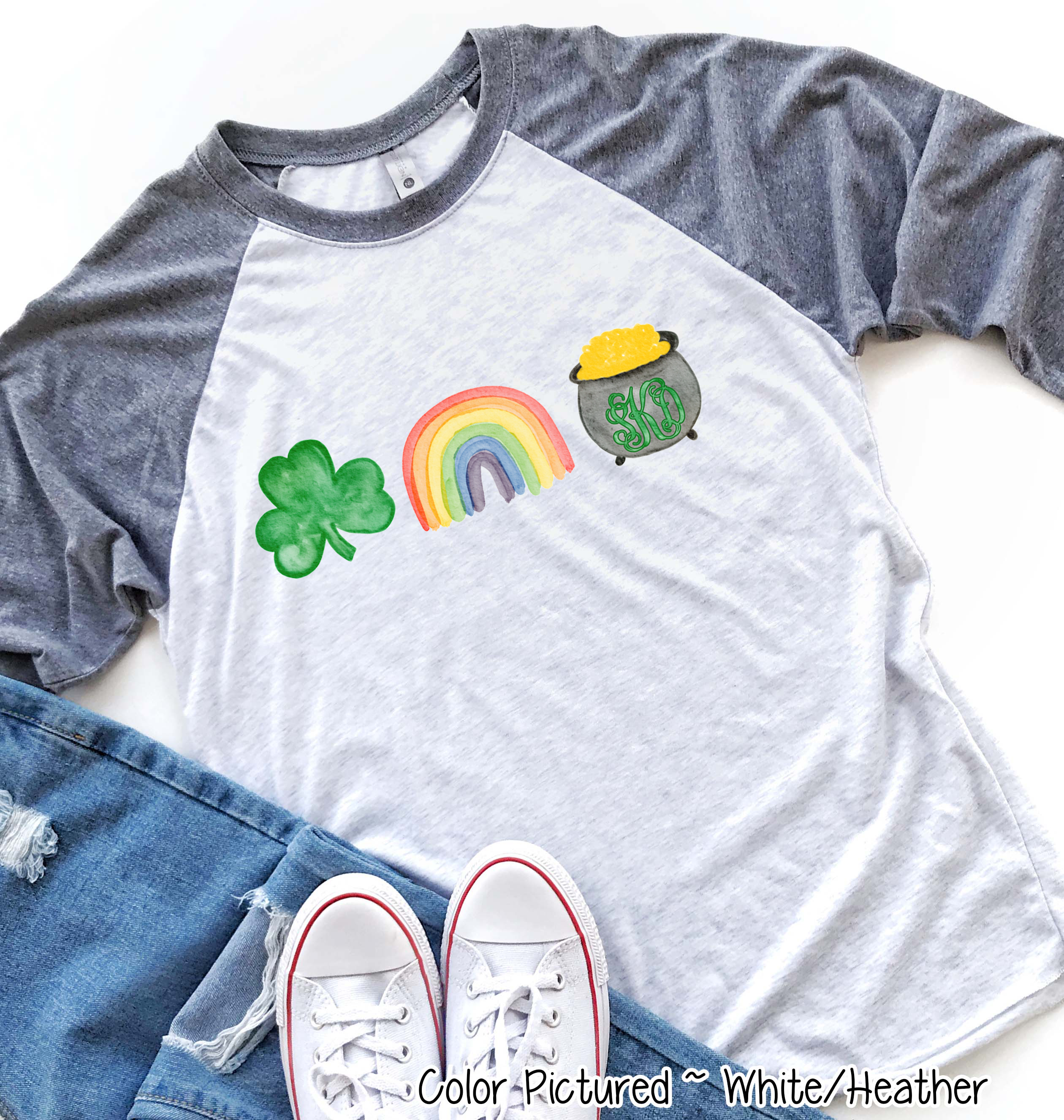 Monogram Shamrock Rainbow & Gold St Patricks Day Tee