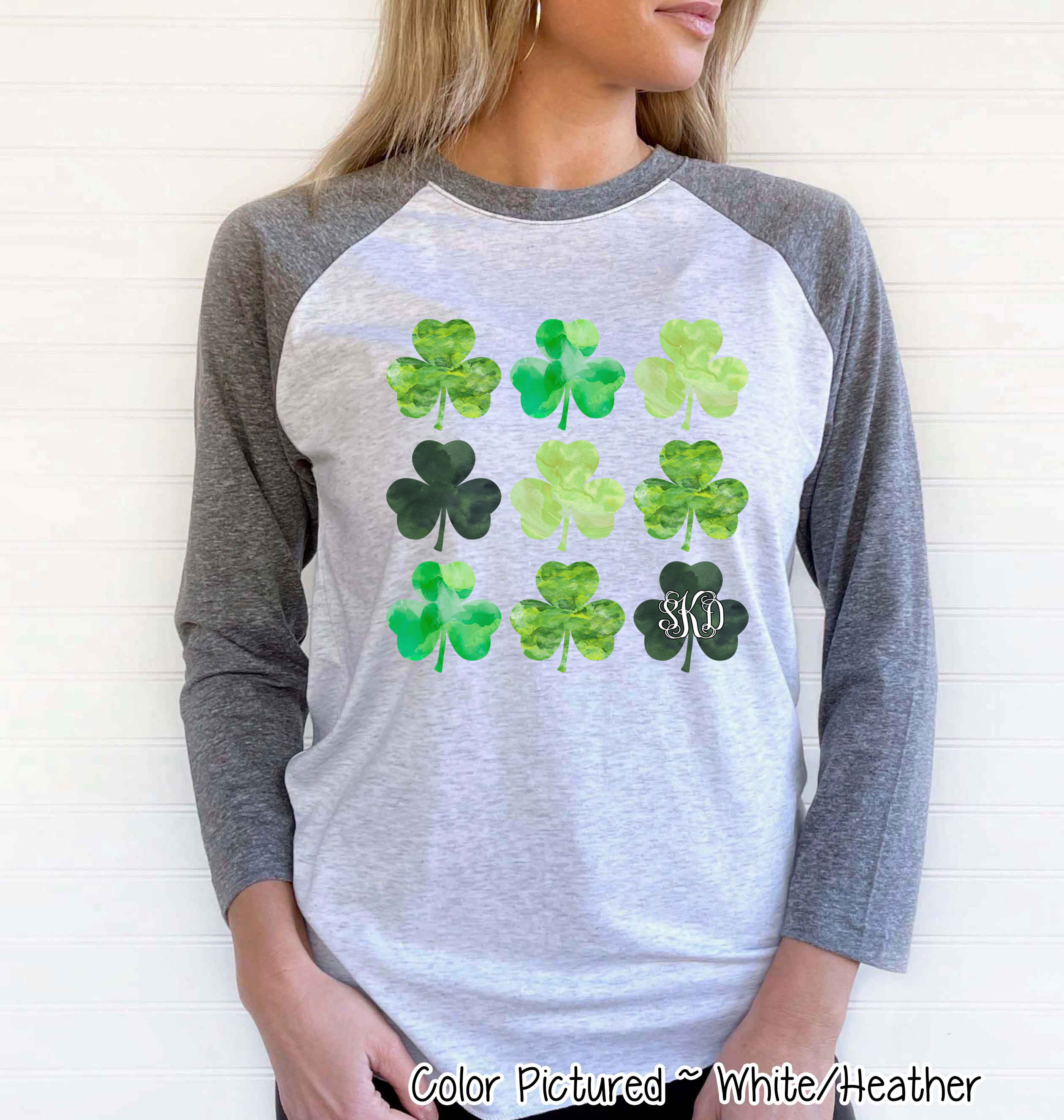 Monogram Watercolor Shamrocks St Patricks Day Tee