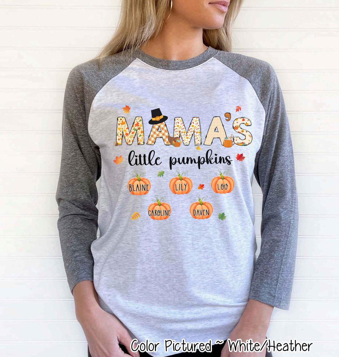 Little Pumpkin Grandkids Names Fall Thanksgiving Raglan Tee