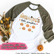 Little Pumpkin Grandkids Names Fall Thanksgiving Raglan Tee