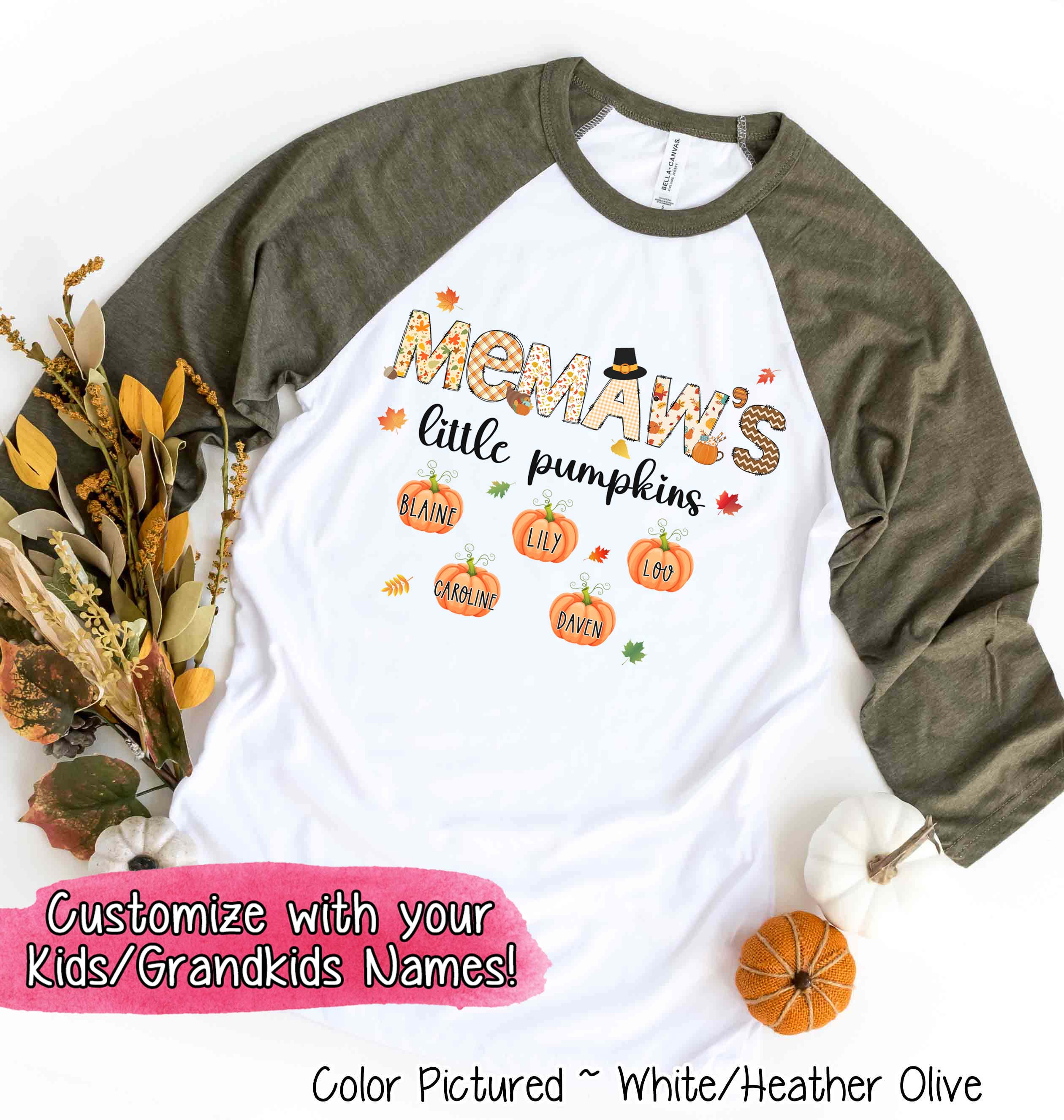 Little Pumpkin Grandkids Names Fall Thanksgiving Raglan Tee
