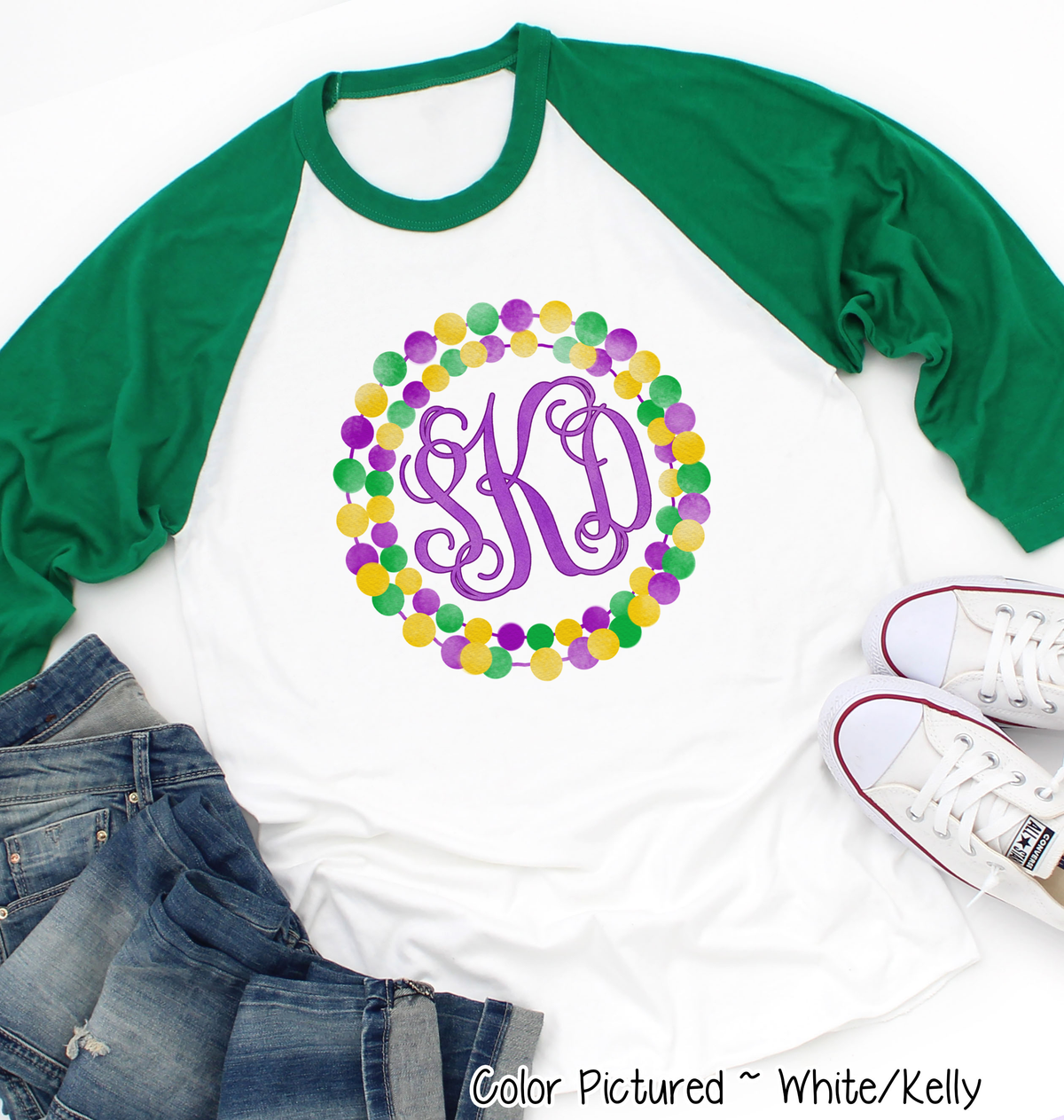 Monogram Mardi Gras Beads Wreath Tee