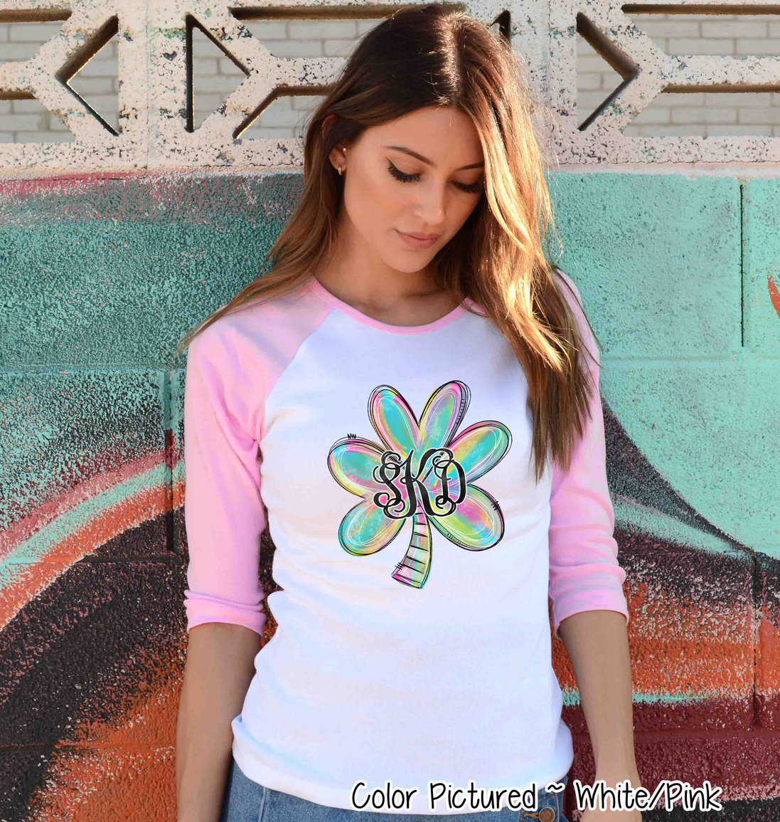 Monogram Colorful Watercolor Shamrock St Partricks Day Tee