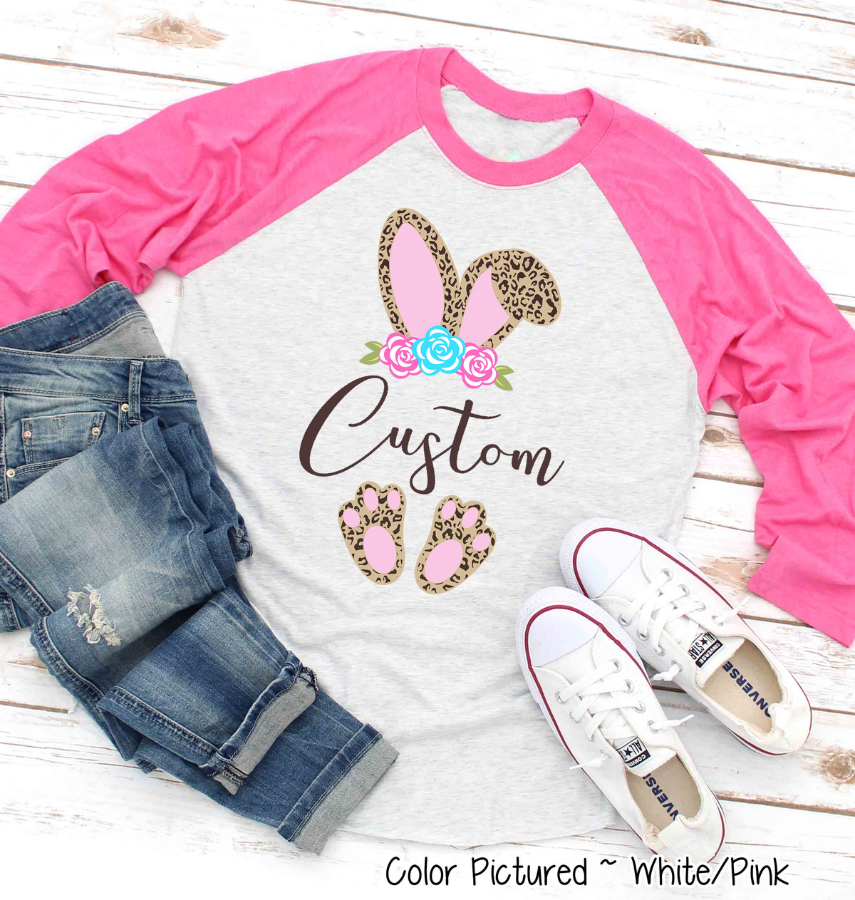 Cheetah Leopard Print Bunny Ears with Custom Name Easter Tee