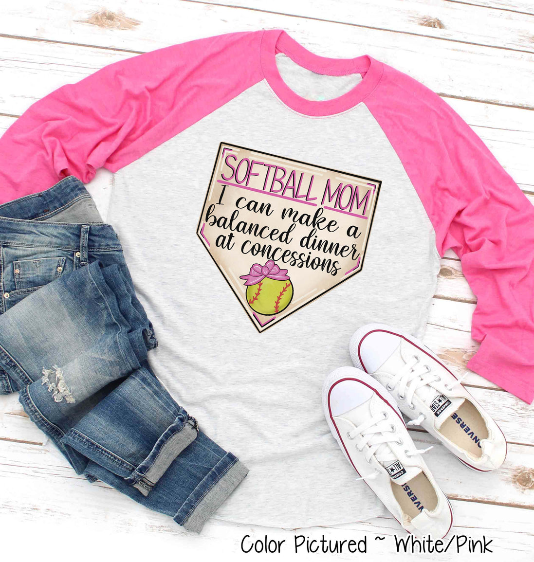 Softball Pink Mom I Can Make a Balanced Dinner at Concessions Tee