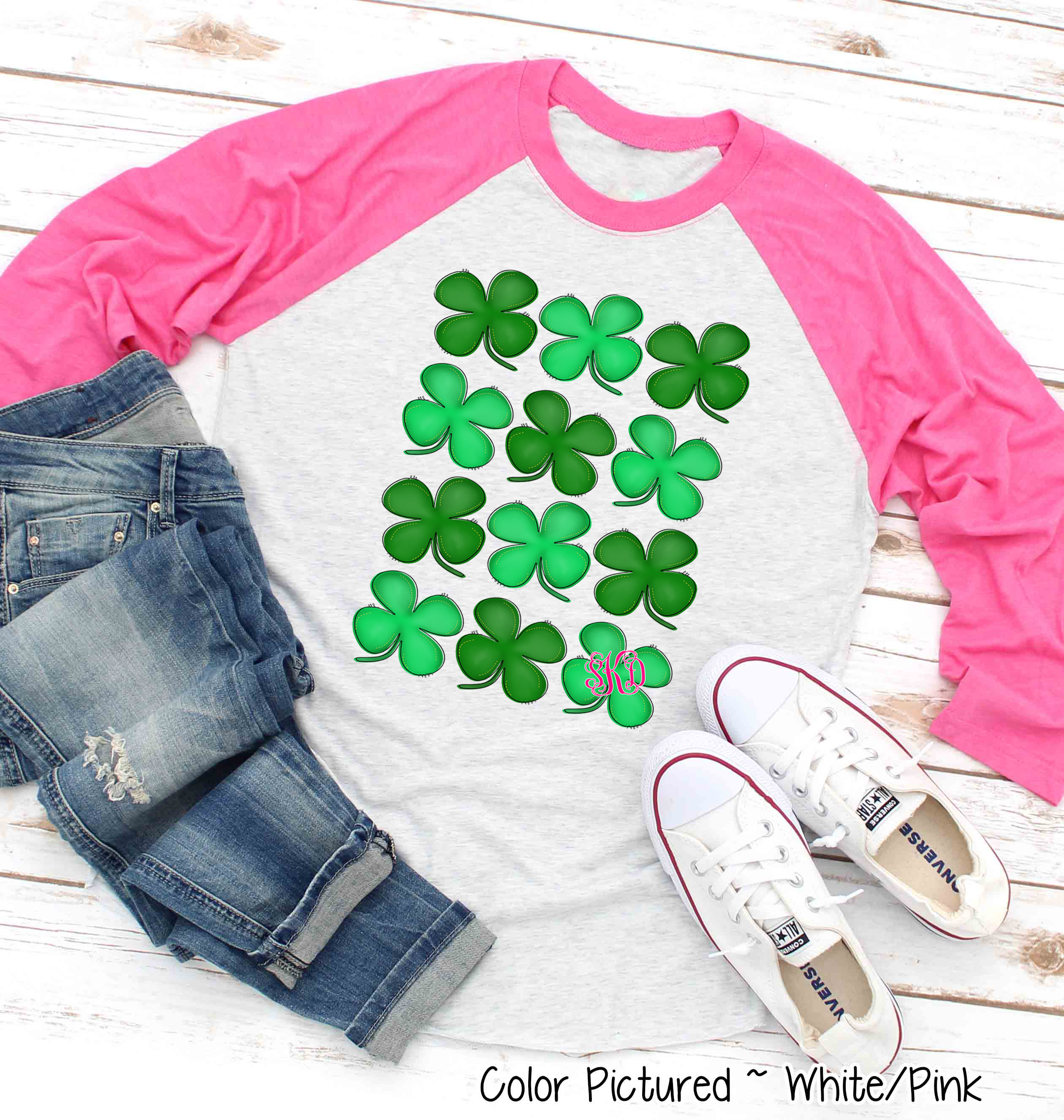 Monogram Rows of St Patricks Day Clovers Tee