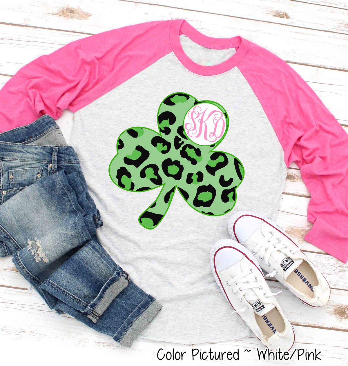 Monogram Green Leopard Shamrock St Patricks Day Tee