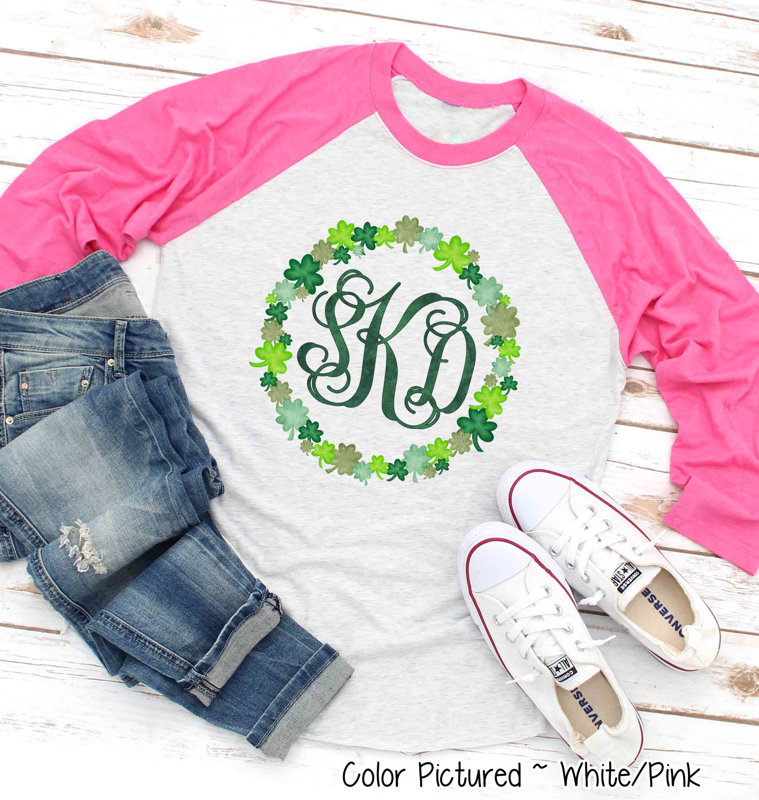Monogram Watercolor Shamrock Wreath St Patricks Day Tee